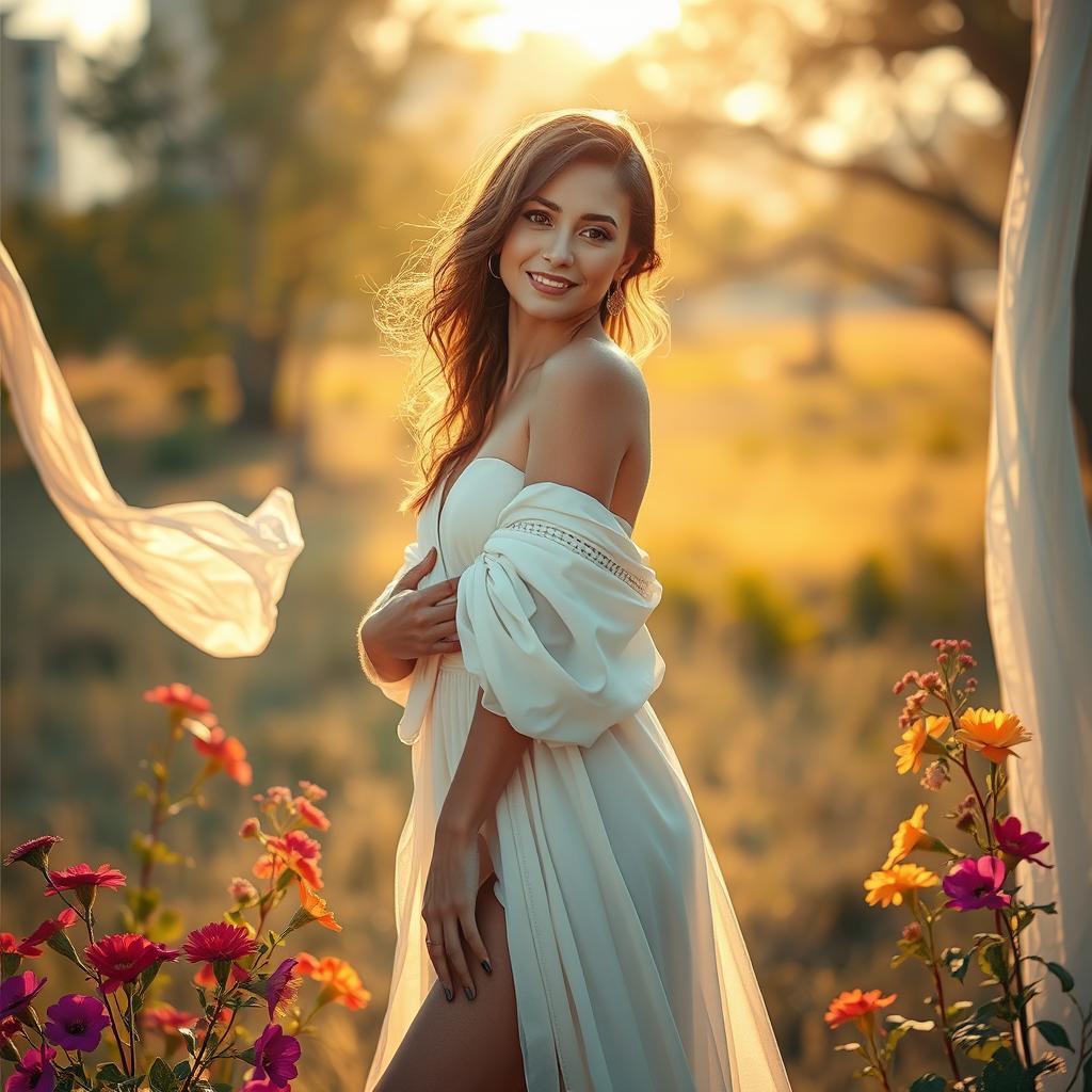 A beautiful woman elegantly posing with confidence, showcasing her natural beauty in a serene setting