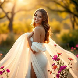 A beautiful woman elegantly posing with confidence, showcasing her natural beauty in a serene setting