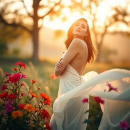 A beautiful woman elegantly posing with confidence, showcasing her natural beauty in a serene setting