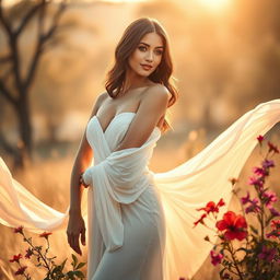 A beautiful woman elegantly posing with confidence, showcasing her natural beauty in a serene setting