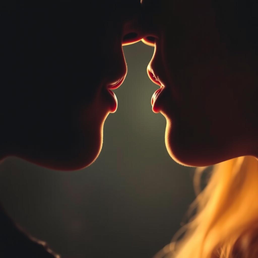 A romantic close-up of two lips about to kiss, highlighted with soft lighting and gentle shadows