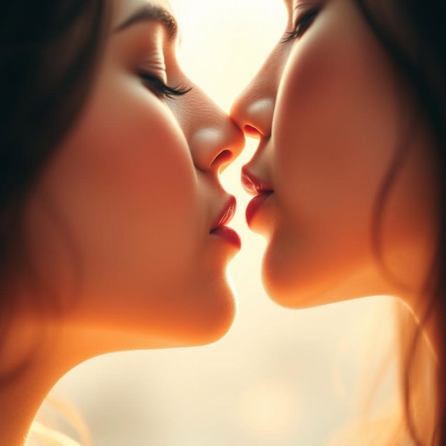 A romantic close-up of two lips about to kiss, highlighted with soft lighting and gentle shadows