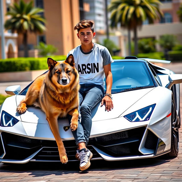 A beautiful teenage boy, sitting on a sleek white Lamborghini, exuding confidence