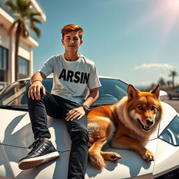A beautiful teenage boy, sitting on a sleek white Lamborghini, exuding confidence