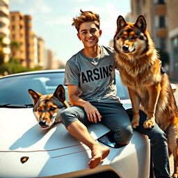 A beautiful teenage boy, sitting on a sleek white Lamborghini, exuding confidence