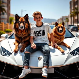 A beautiful teenage boy, sitting on a sleek white Lamborghini, exuding confidence