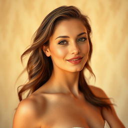 A stunning adult woman with a confident pose, embracing her natural beauty, set against a soft, elegant background