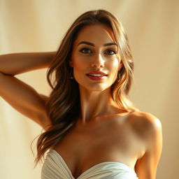 A stunning adult woman with a confident pose, embracing her natural beauty, set against a soft, elegant background