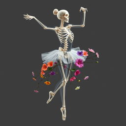 A graceful ballerina in motion, rendered in a transparent anatomical style showcasing her detailed skeleton and muscles
