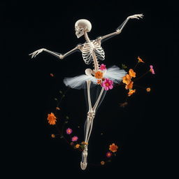 A graceful ballerina in motion, rendered in a transparent anatomical style showcasing her detailed skeleton and muscles