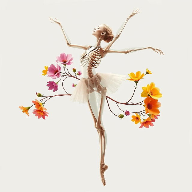 A graceful ballerina in motion, rendered in a transparent anatomical style showcasing her detailed skeleton and muscles