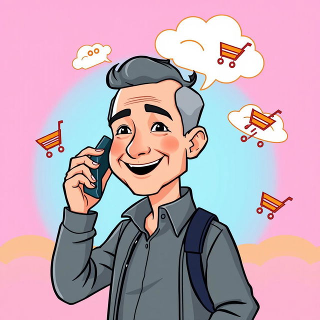 A colorful cartoon illustration of Jeff Bezos, the founder of Amazon, making a phone call with a modern smartphone