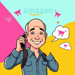 A colorful cartoon illustration of Jeff Bezos, the founder of Amazon, making a phone call with a modern smartphone