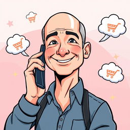 A colorful cartoon illustration of Jeff Bezos, the founder of Amazon, making a phone call with a modern smartphone
