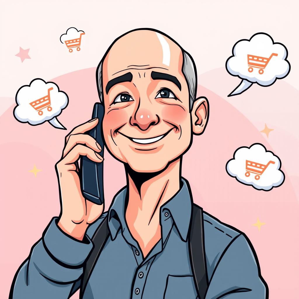 A colorful cartoon illustration of Jeff Bezos, the founder of Amazon, making a phone call with a modern smartphone