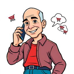 A colorful cartoon illustration of Jeff Bezos, the founder of Amazon, making a phone call with a modern smartphone