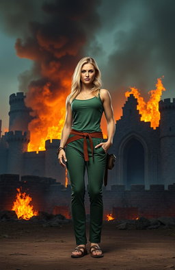 A strong, muscular blonde woman stands confidently in front of the ruins of a medieval castle engulfed in flames