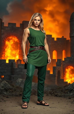 A strong, muscular blonde woman stands confidently in front of the ruins of a medieval castle engulfed in flames