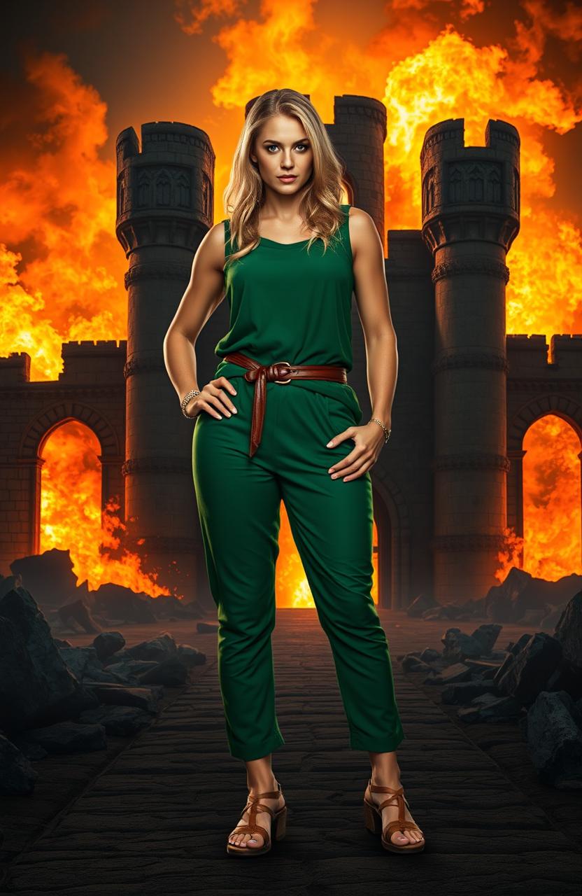 A strong, muscular blonde woman stands confidently in front of the ruins of a medieval castle engulfed in flames