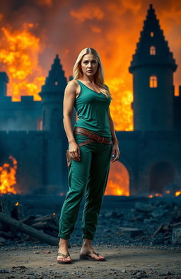 A strong, muscular blonde woman stands confidently in front of the ruins of a medieval castle engulfed in flames