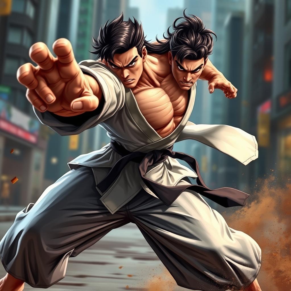 A dynamic fighting pose featuring a strong, muscular character mid-attack, showcasing great athleticism and intensity