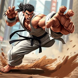 A dynamic fighting pose featuring a strong, muscular character mid-attack, showcasing great athleticism and intensity