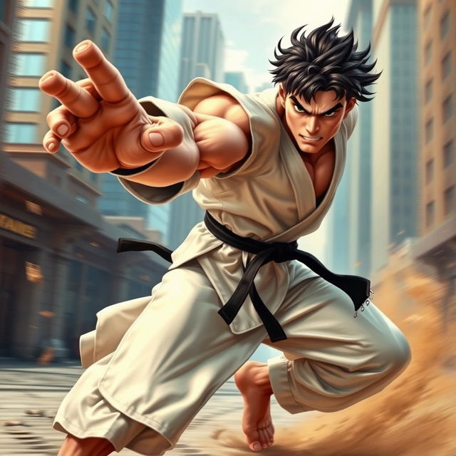 A dynamic fighting pose featuring a strong, muscular character mid-attack, showcasing great athleticism and intensity