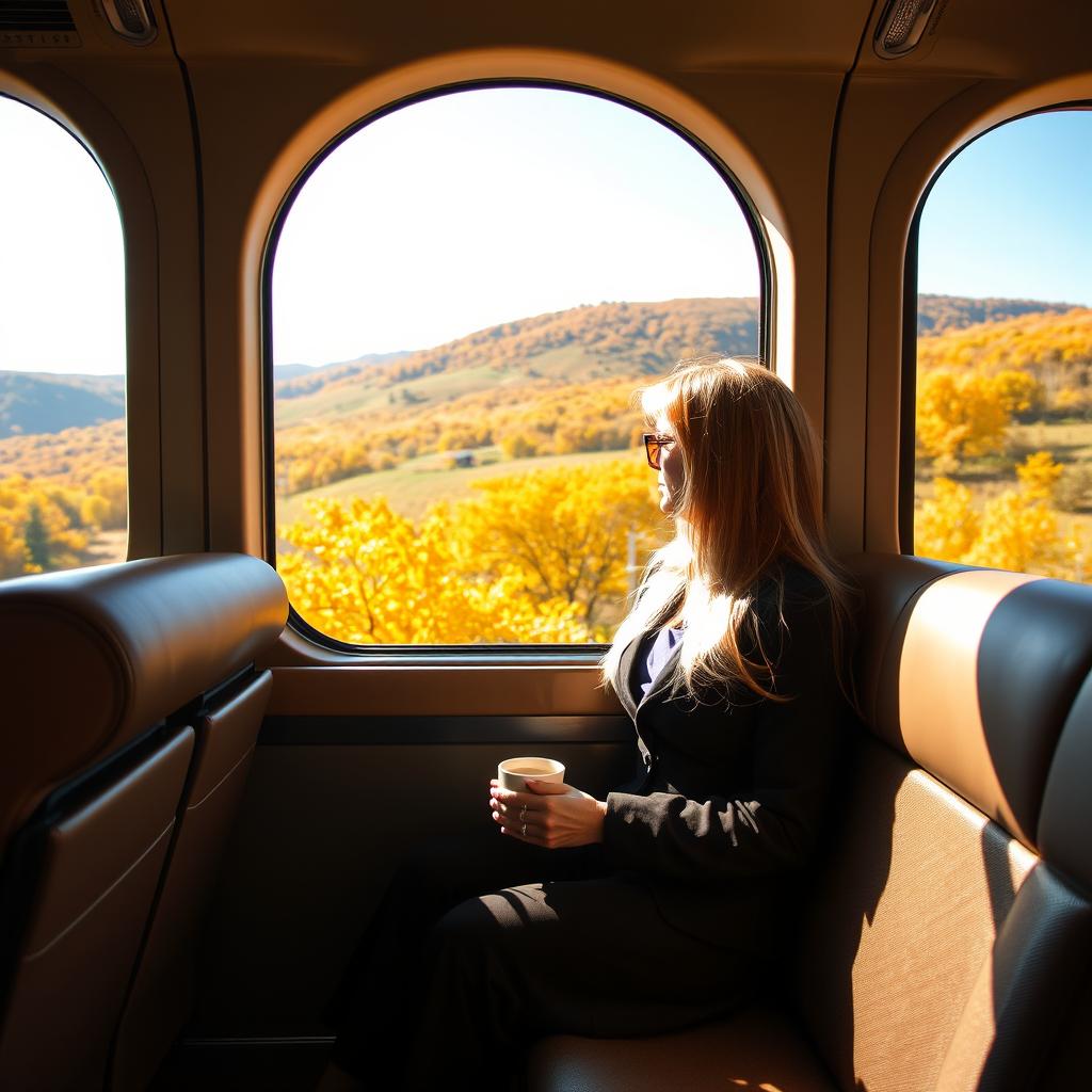 A solitary traveler seated in a sleek luxury train carriage, gazing out the window at a picturesque landscape of rolling hills and vibrant autumn foliage