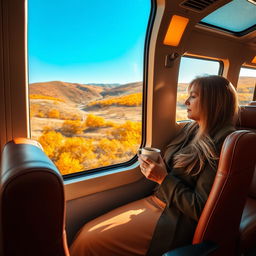 A solitary traveler seated in a sleek luxury train carriage, gazing out the window at a picturesque landscape of rolling hills and vibrant autumn foliage