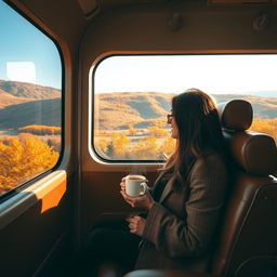 A solitary traveler seated in a sleek luxury train carriage, gazing out the window at a picturesque landscape of rolling hills and vibrant autumn foliage