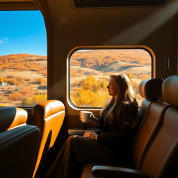 A solitary traveler seated in a sleek luxury train carriage, gazing out the window at a picturesque landscape of rolling hills and vibrant autumn foliage