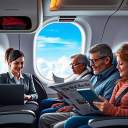 A diverse group of airplane passengers seated comfortably in a modern aircraft cabin
