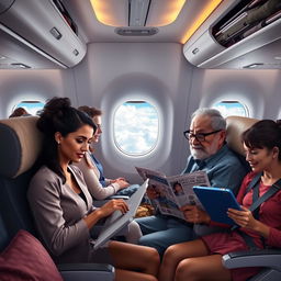 A diverse group of airplane passengers seated comfortably in a modern aircraft cabin