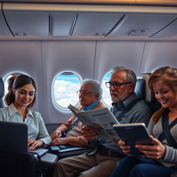 A diverse group of airplane passengers seated comfortably in a modern aircraft cabin