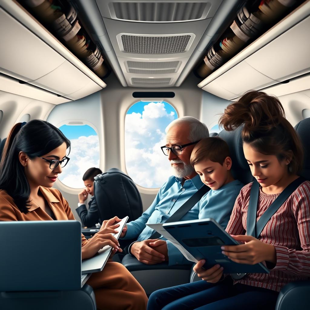 A diverse group of airplane passengers seated comfortably in a modern aircraft cabin