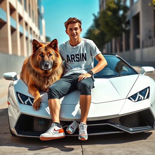 A beautiful teenage boy sitting on a white Lamborghini, exuding confidence and style