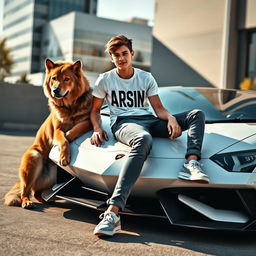 A beautiful teenage boy sitting on a white Lamborghini, exuding confidence and style