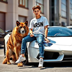 A beautiful teenage boy sitting on a white Lamborghini, exuding confidence and style