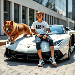 A beautiful teenage boy sitting on a white Lamborghini, exuding confidence and style