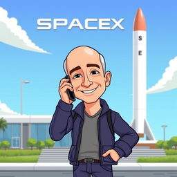 A cartoon illustration of Jeff Bezos making a phone call with a smartphone