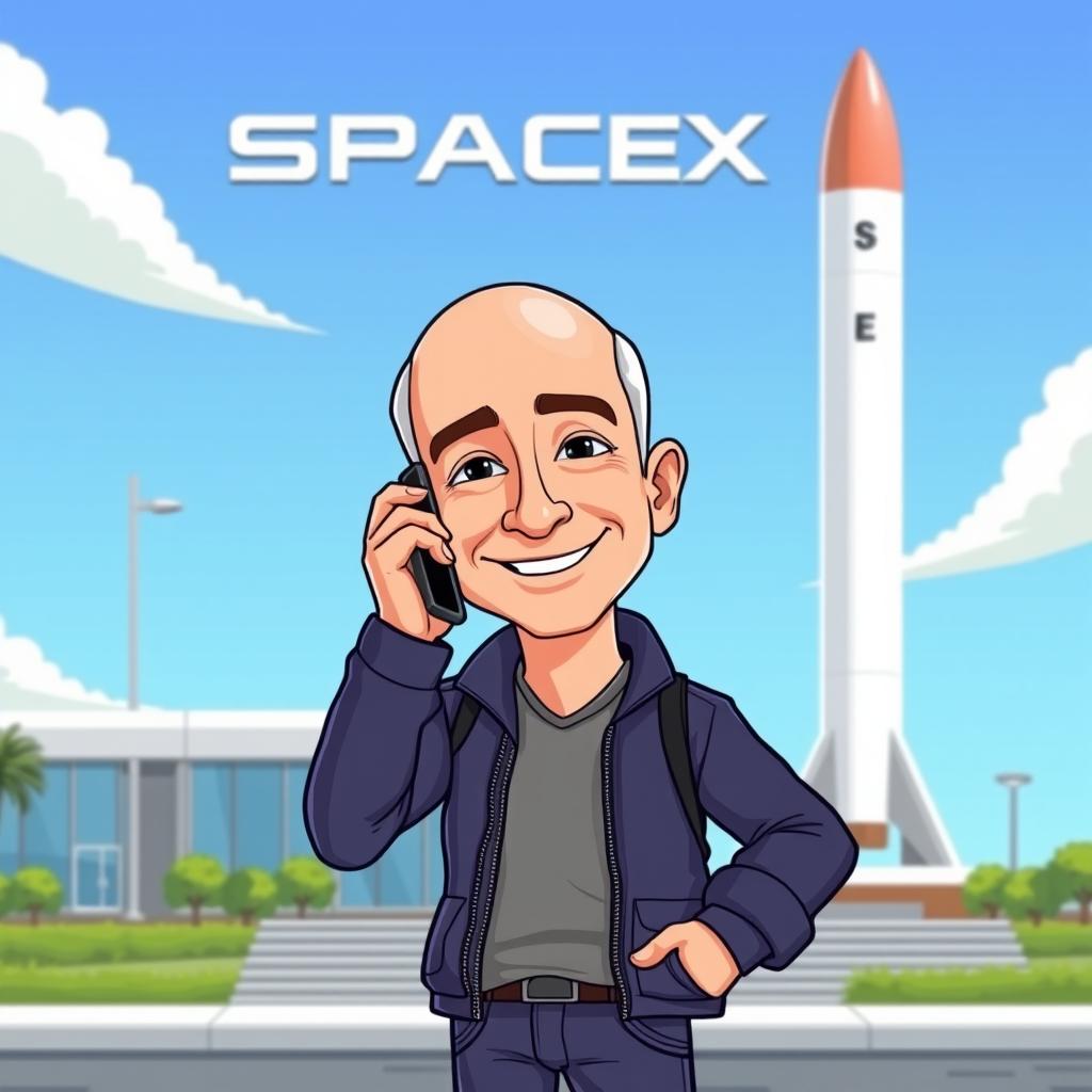 A cartoon illustration of Jeff Bezos making a phone call with a smartphone