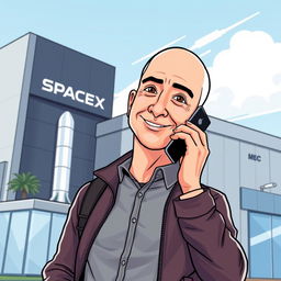 A cartoon illustration of Jeff Bezos making a phone call with a smartphone