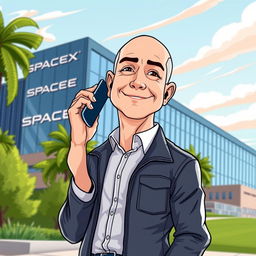A cartoon illustration of Jeff Bezos making a phone call with a smartphone