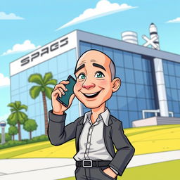 A cartoon illustration of Jeff Bezos making a phone call with a smartphone