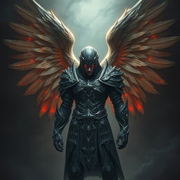 A legendary warrior adorned with magnificent angel wings, featuring vibrant red eyes that glow against a dark, atmospheric background
