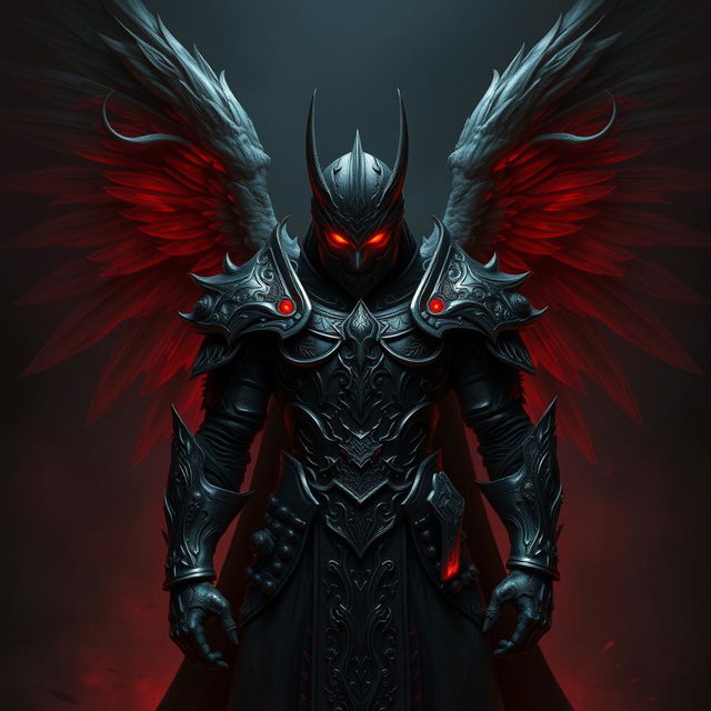 A legendary warrior adorned with magnificent angel wings, featuring vibrant red eyes that glow against a dark, atmospheric background