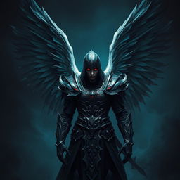 A legendary warrior adorned with magnificent angel wings, featuring vibrant red eyes that glow against a dark, atmospheric background