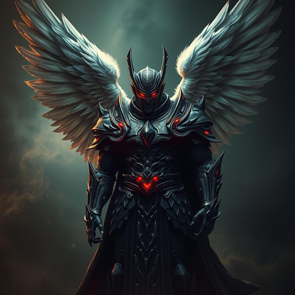 A legendary warrior adorned with magnificent angel wings, featuring vibrant red eyes that glow against a dark, atmospheric background