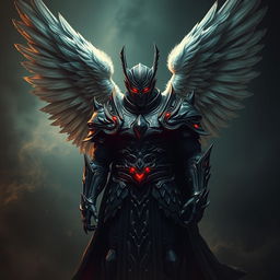 A legendary warrior adorned with magnificent angel wings, featuring vibrant red eyes that glow against a dark, atmospheric background