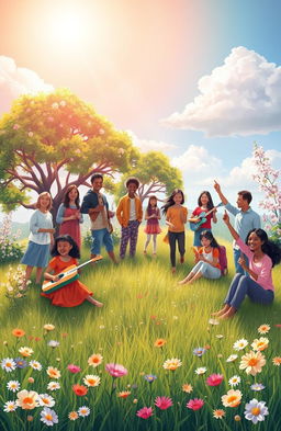 A serene landscape depicting a diverse group of individuals celebrating their journey of hope and happiness associated with autism
